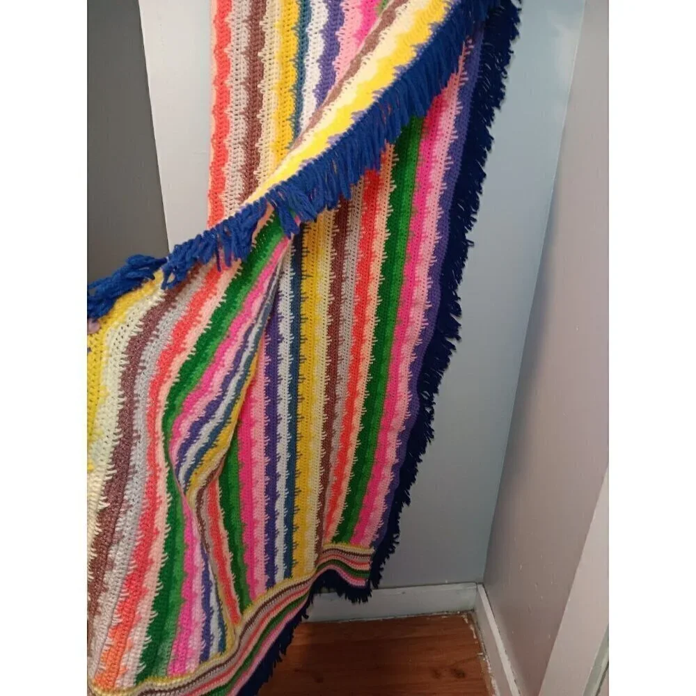 Vintage Handmade Granny Blanket Striped Scalloped Afghan Crochet Throw 50x65